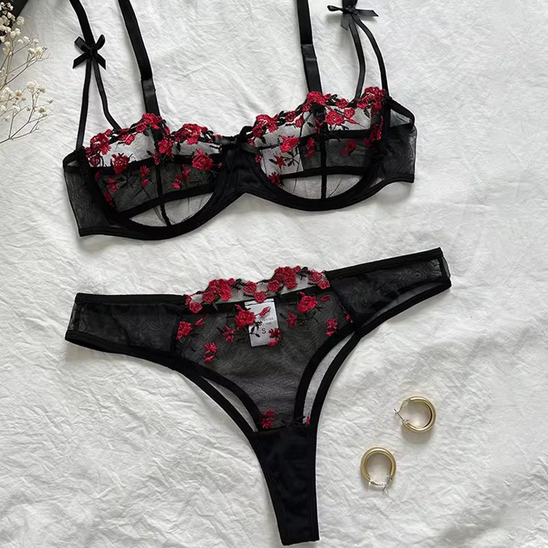 Intimate Floral Mesh Lingerie Set: Double Strap Detail & Sheer Elegance