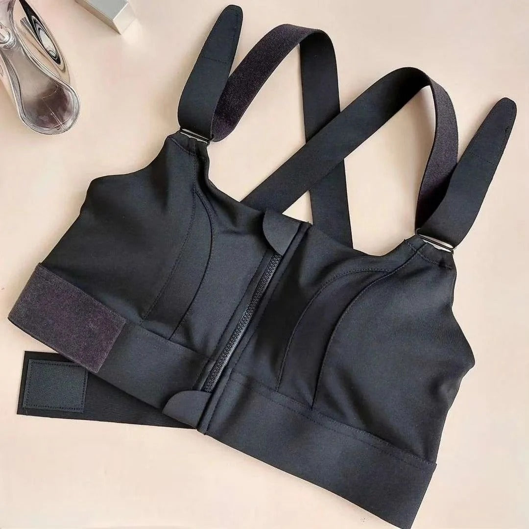 Women's Zipper Front High-Strength Support Adjustable Straps Cross Back Short Fitness Sports Bra