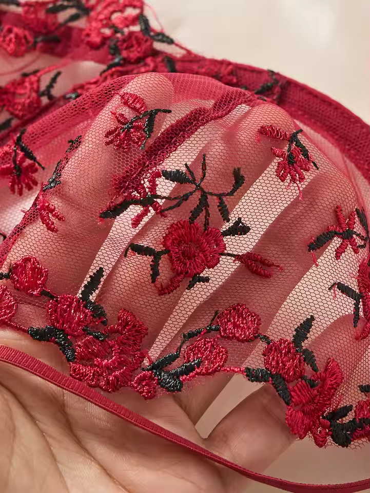 Wine Red Floral Lace 2-Piece Set ( PACK OF 3)