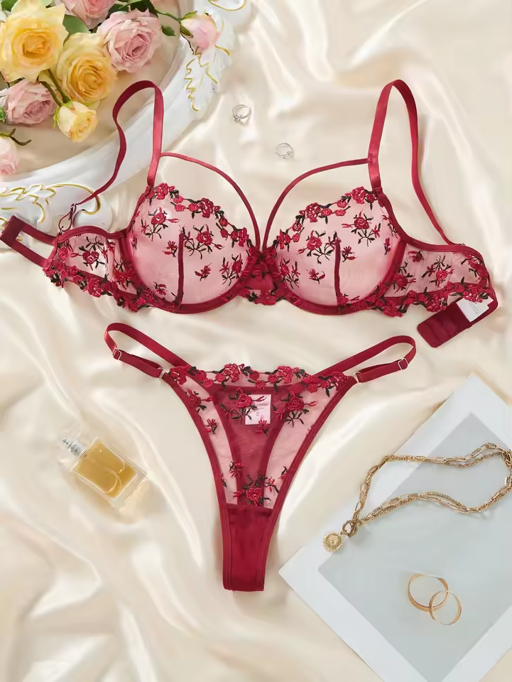 Wine Red Floral Lace 2-Piece Set ( PACK OF 3)