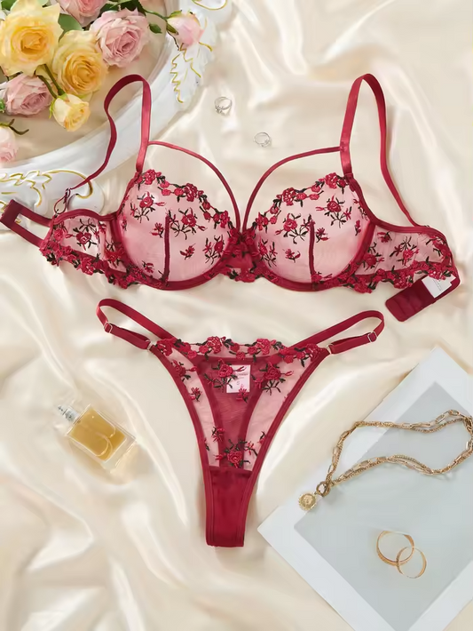 Wine Red Floral Lace 2-Piece Set ( PACK OF 3)